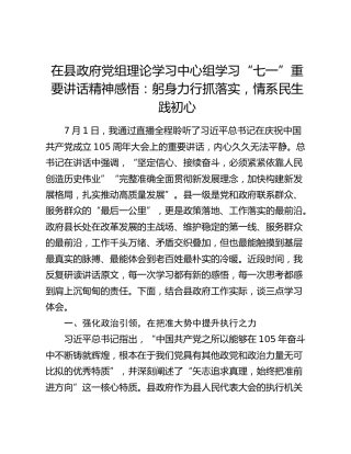 在县政府党组理论学习中心组学习“七一”重要讲话精神感悟：躬身力行抓落实，情系民生践初心