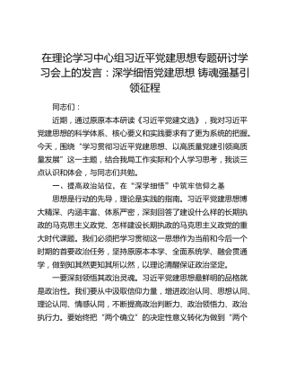 在理论学习中心组习近平党建思想专题研讨学习会上的发言：深学细悟党建思想 铸魂强基引领征程