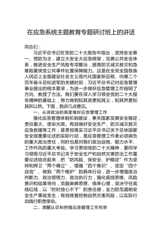 在应急系统主题教育专题研讨班上的讲话