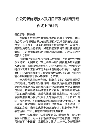 在公司新能源技术及项目开发培训班开班仪式上的讲话