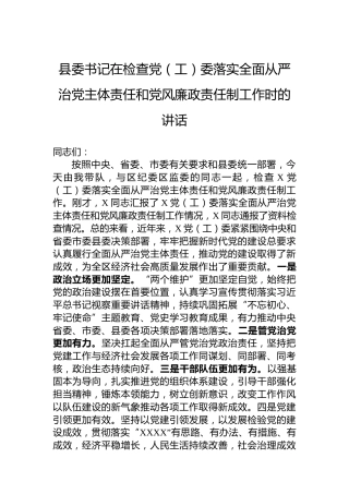 县委书记在检查党（工）委落实全面从严治党主体责任和党风廉政责任制工作时的讲话