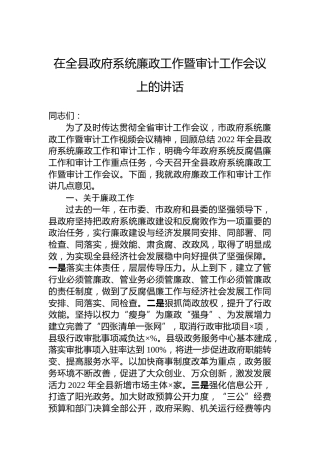在全县政府系统廉政工作暨审计工作会议上的讲话