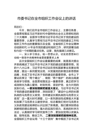 市委书记在全市组织工作会议上的讲话