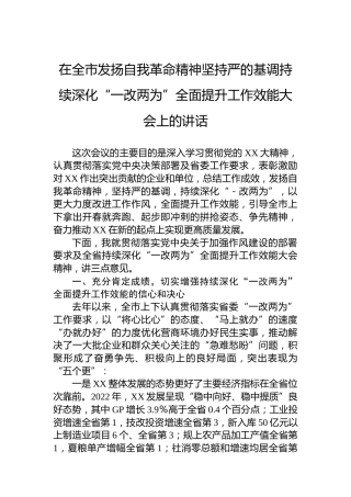 在全市发扬自我革命精神坚持严的基调持续深化“一改两为”全面提升工作效能大会上的讲话