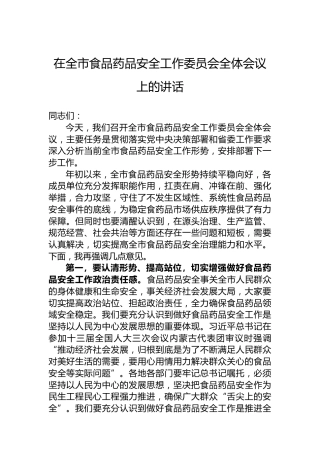 在全市食品药品安全工作委员会全体会议上的讲话