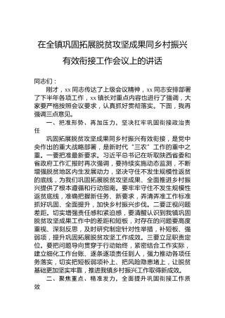 在全镇巩固拓展脱贫攻坚成果同乡村振兴有效衔接工作会议上的讲话