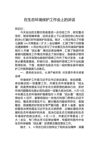 在生态环境保护工作会上的讲话