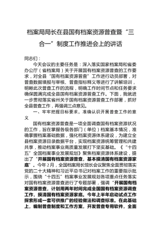 档案局局长在县国有档案资源普查暨“三合一”制度工作推进会上的讲话
