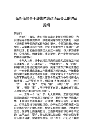 在新任领导干部集体廉政谈话会上的讲话提纲