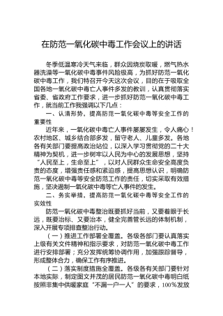 在防范一氧化碳中毒工作会议上的讲话