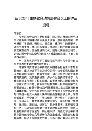 在2023年主题教育动员部署会议上的讲话提纲