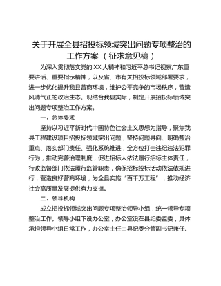 关于开展全县招投标领域突出问题专项整治的工作方案 （征求意见稿）