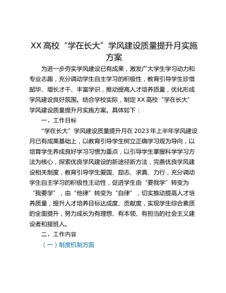 XX高校“学在长大”学风建设质量提升月实施方案