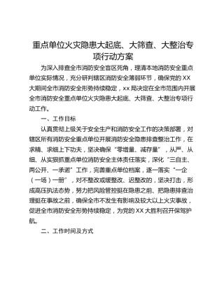 重点单位火灾隐患大起底、大筛查、大整治专项行动方案