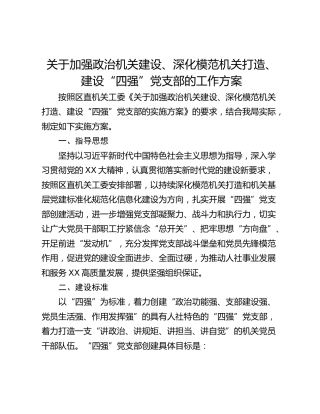 关于加强政治机关建设、深化模范机关打造、建设“四强”党支部的工作方案
