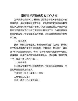 重复性问题隐患整改工作方案