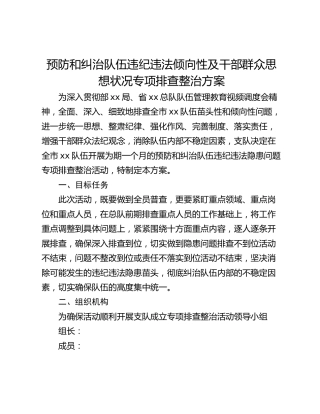 预防和纠治队伍违纪违法倾向性及干部群众思想状况专项排查整治方案