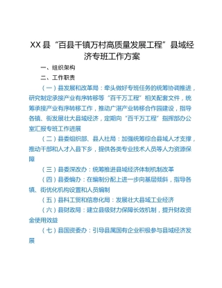 XX县“百县千镇万村高质量发展工程”县域经济专班工作方案