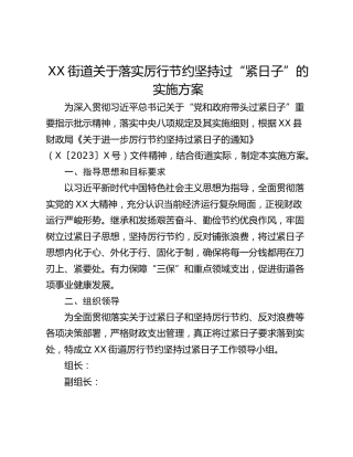 XX街道关于落实厉行节约坚持过“紧日子”的实施方案