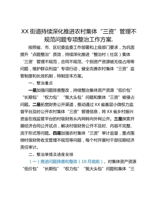 XX街道持续深化推进农村集体“三资”管理不规范问题专项整治工作方案.