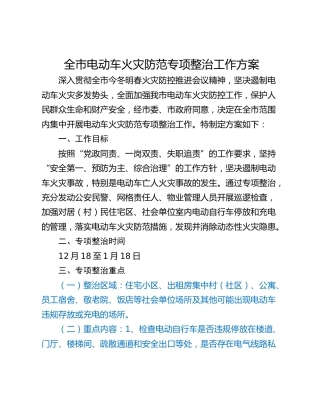 全市电动车火灾防范专项整治工作方案