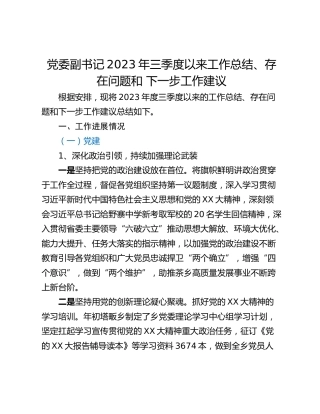 党委副书记2023年三季度以来工作总结、存在问题和 下一步工作建议