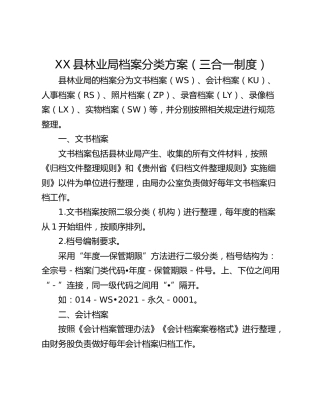 XX县林业局档案分类方案（三合一制度）