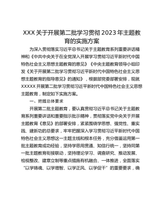 XXX关于开展第二批学习贯彻2023年主题教育的实施方案