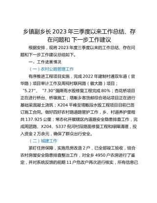 乡镇副乡长2023年三季度以来工作总结、存在问题和 下一步工作建议_1