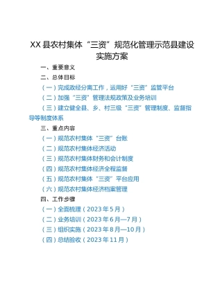 XX县农村集体“三资”规范化管理示范县建设实施方案