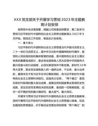 XXX党支部关于开展学习贯彻2023年主题教育计划安排