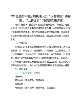 XX县生态环境分局执法人员“以老带新”传帮带，“以新促老”共提高实施方案