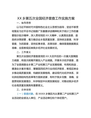 XX乡第五次全国经济普查工作实施方案
