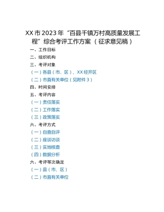 XX市2023年“百县千镇万村高质量发展工程”综合考评工作方案 （征求意见稿）
