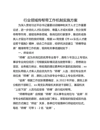 行业领域传帮带工作机制实施方案