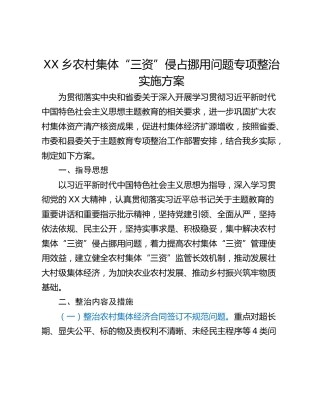 XX乡农村集体“三资”侵占挪用问题专项整治实施方案
