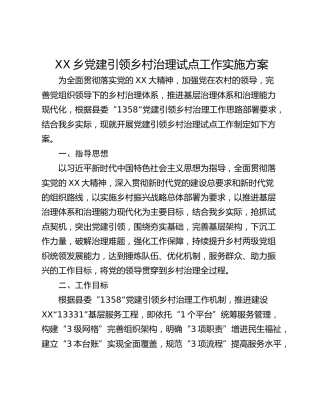 XX乡党建引领乡村治理试点工作实施方案