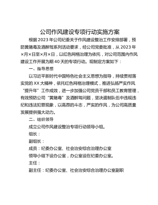 公司作风建设专项行动实施方案