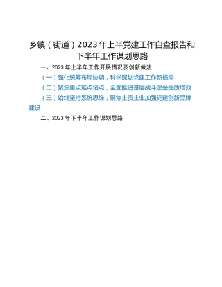 乡镇（街道）2023年上半党建工作自查报告和下半年工作谋划思路