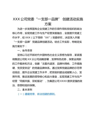 XXX公司党委“一支部一品牌” 创建活动实施方案