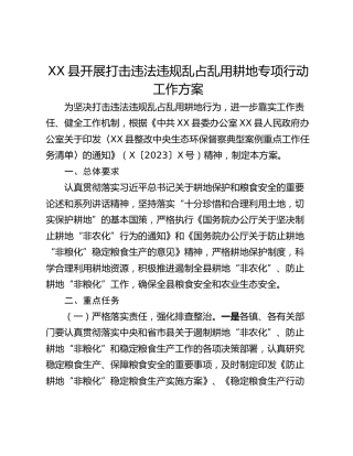 XX县开展打击违法违规乱占乱用耕地专项行动工作方案