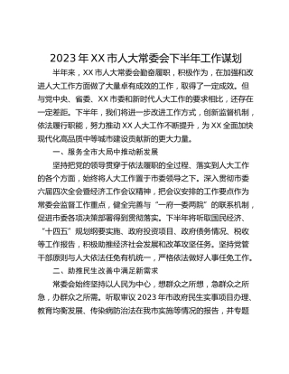 2023年XX市人大常委会下半年工作谋划