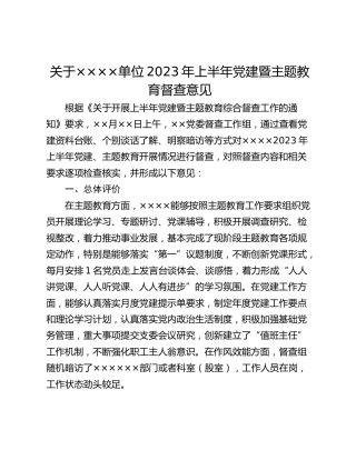 关于××××单位2023年上半年党建暨主题教育督查意见