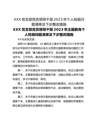 XXX党支部党员领导干部2023年个人检视问题清单及下步整改措施