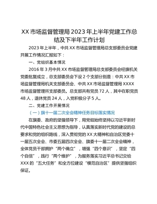 XX市场监督管理局2023年上半年党建工作总结及下半年工作计划
