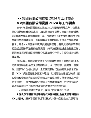 xx集团有限公司党委2024年工作要点