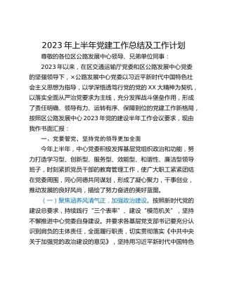 2023年上半年党建工作总结及工作计划