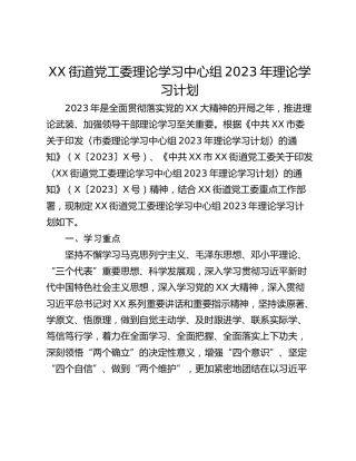 XX街道党工委理论学习中心组2023年理论学习计划