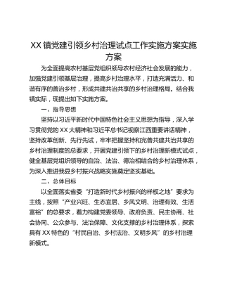 XX镇党建引领乡村治理试点工作实施方案实施方案