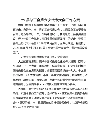 xx县总工会第六次代表大会工作方案